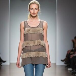 Nikki Lund Tan Faux Fur Peek-a-boo Top - Size Small